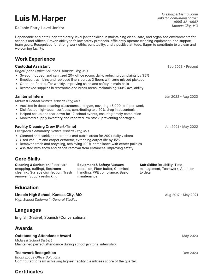 Janitor Entry Level Resume Example
