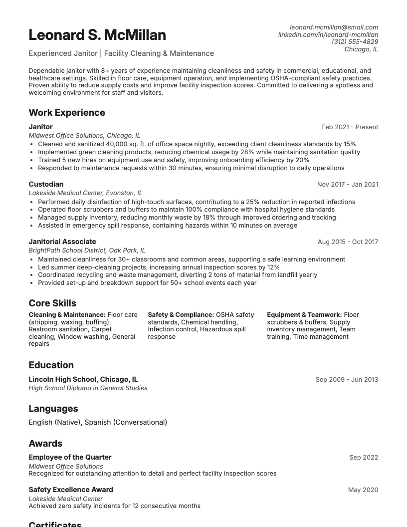 Janitor Resume Example