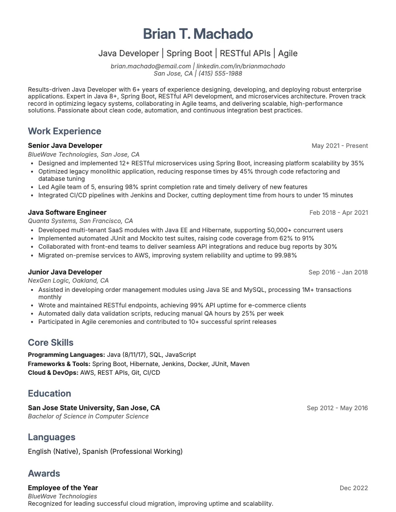Java Full Stack Developer Resume Example
