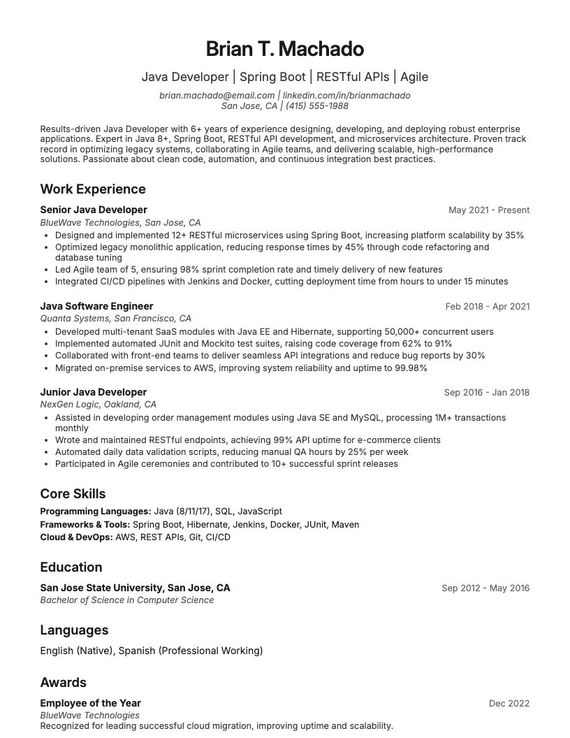 Java Developer Resume Example