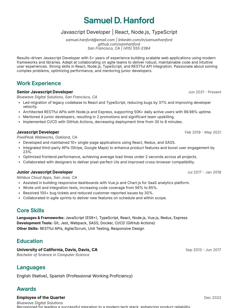 JavaScript Developer Resume Example