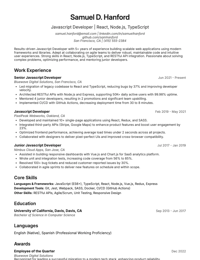 JavaScript Developer Resume Example