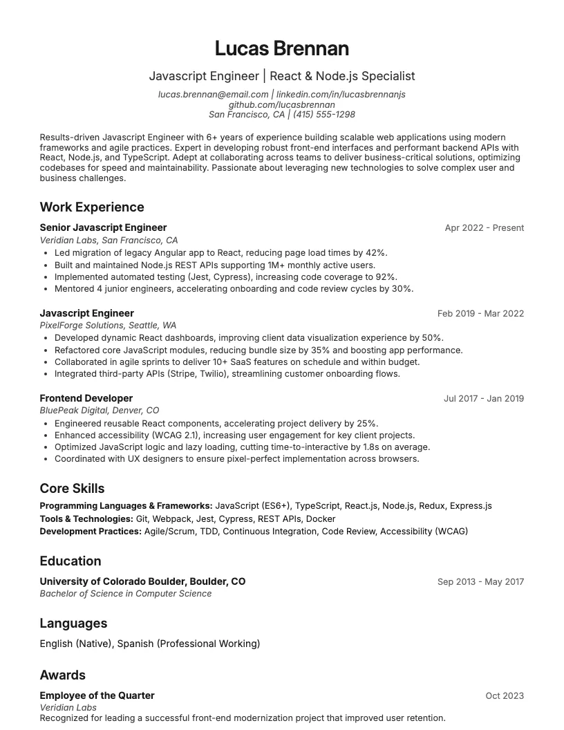 Javascript Engineer Resume Example