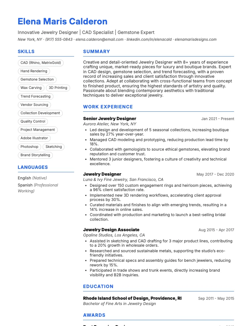 Jewelry Designer Resume Example