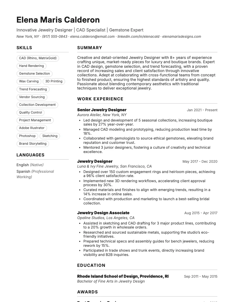 Jewelry Designer Resume Example