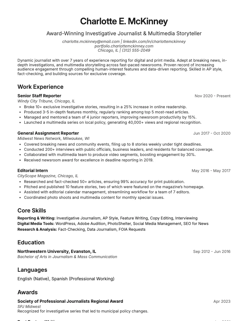 Journalist resume example