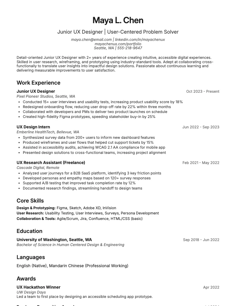 Junior UX Designer Resume Example