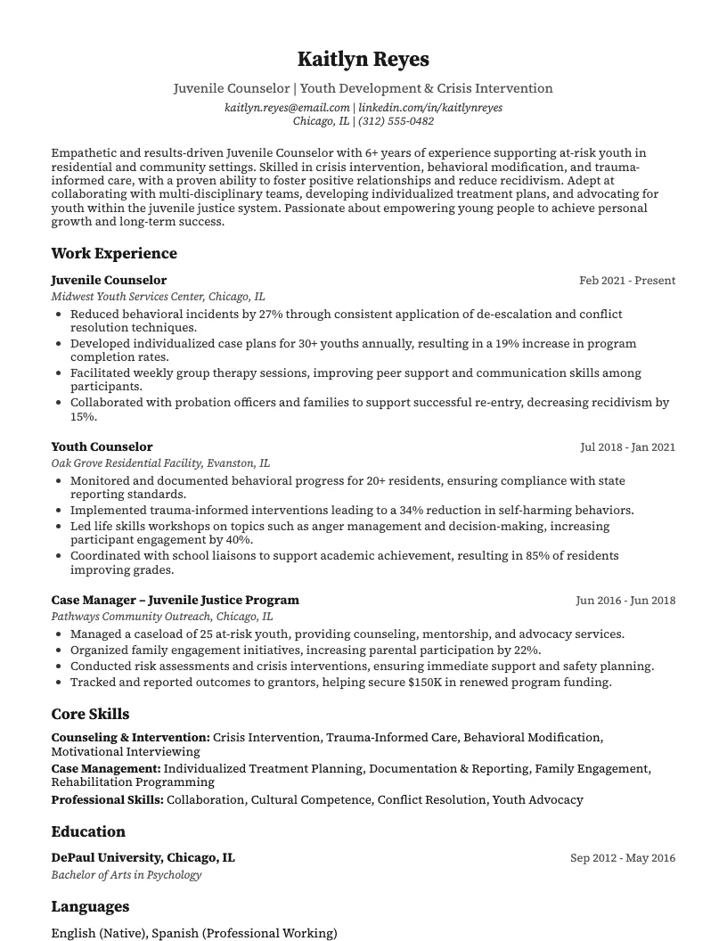Juvenile Counselor Resume Example