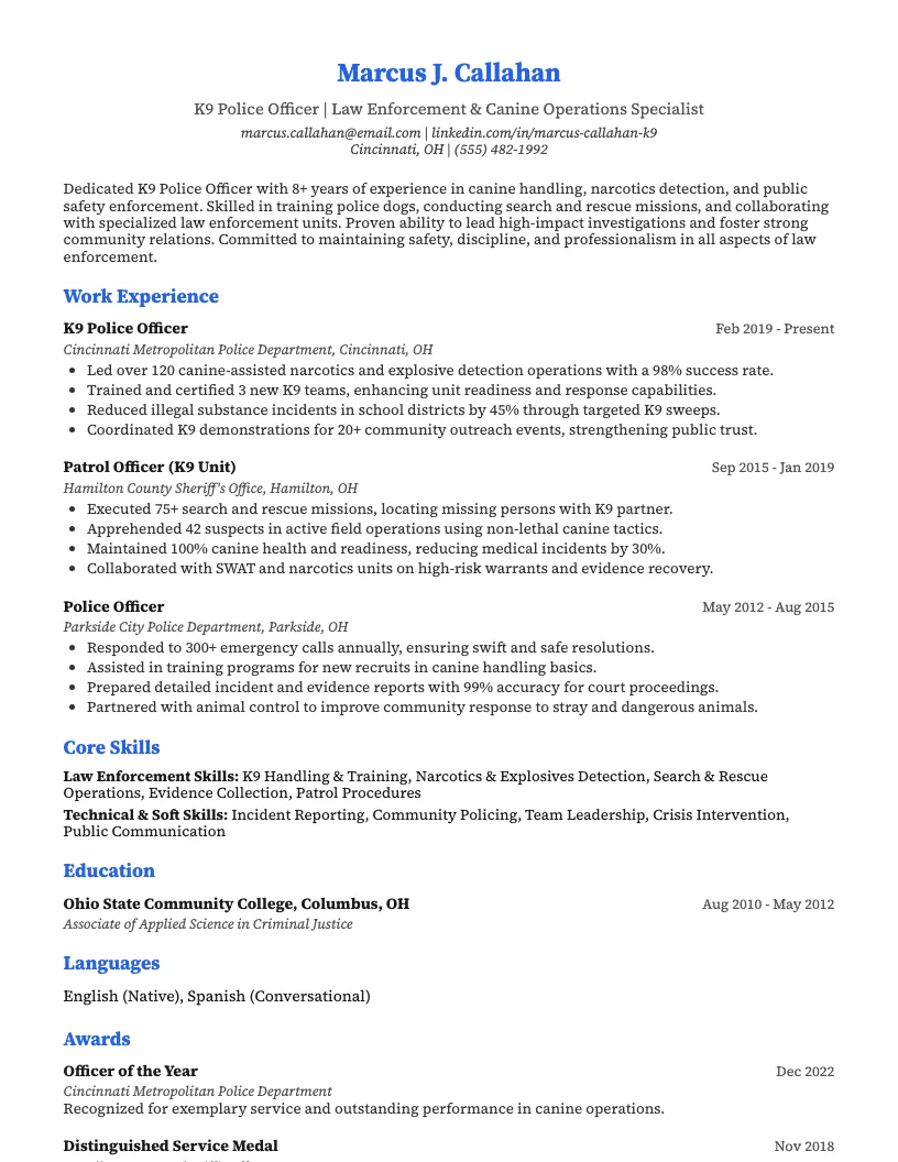 K9 Police Officer Resume Example