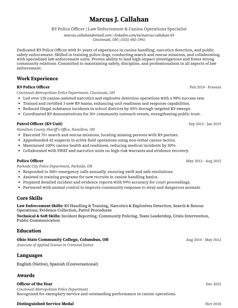 K9 Police Officer Resume Example