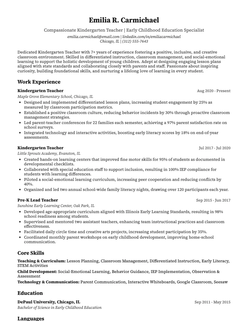 Kindergarten Teacher Resume Example