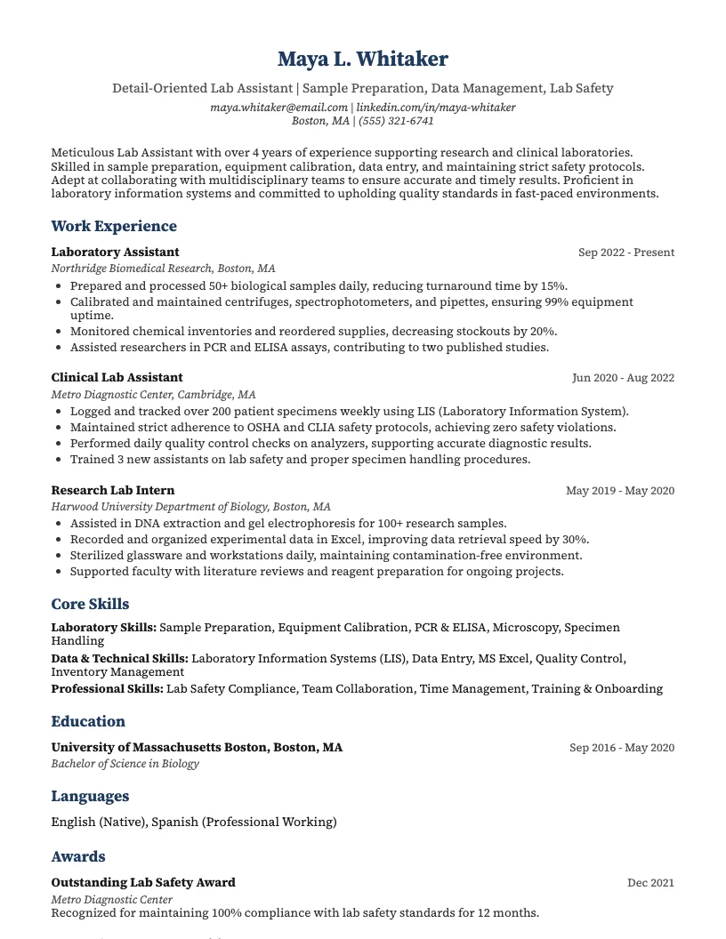 Lab Assistant Resume Example