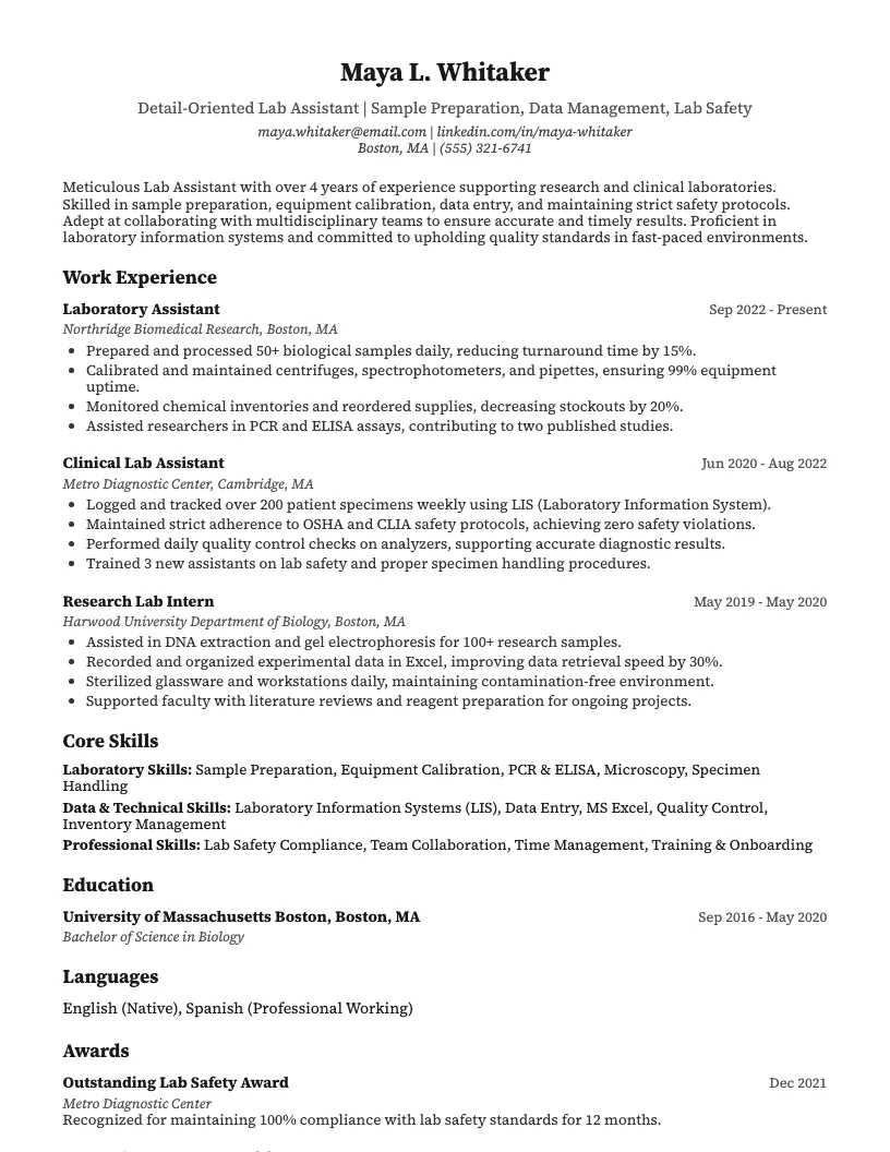 Lab Assistant Resume Example