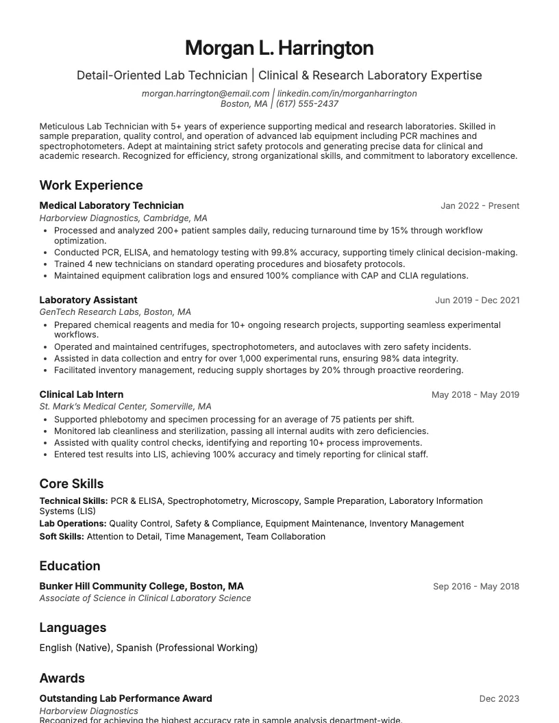 Lab Technician Resume Example