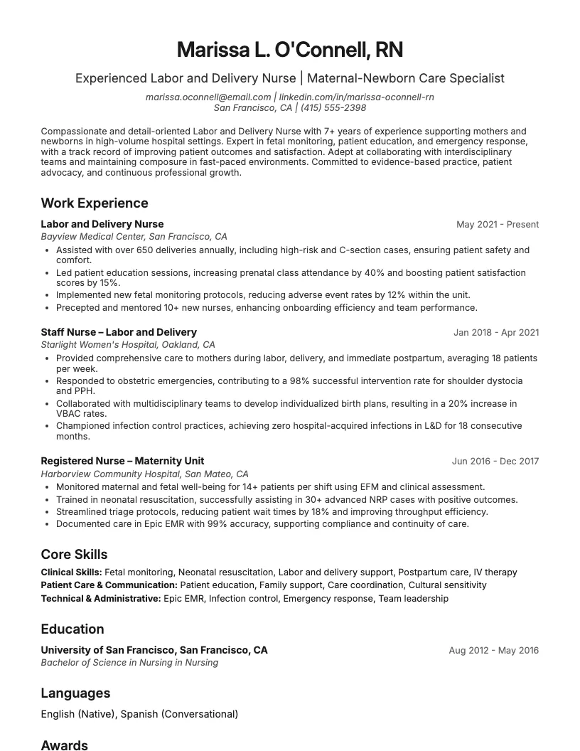 Labor And Delivery Nurse Resume Example