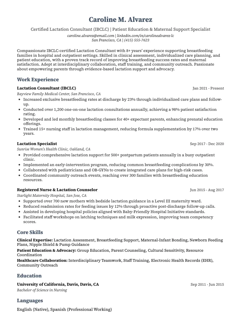 Lactation Consultant Resume Example