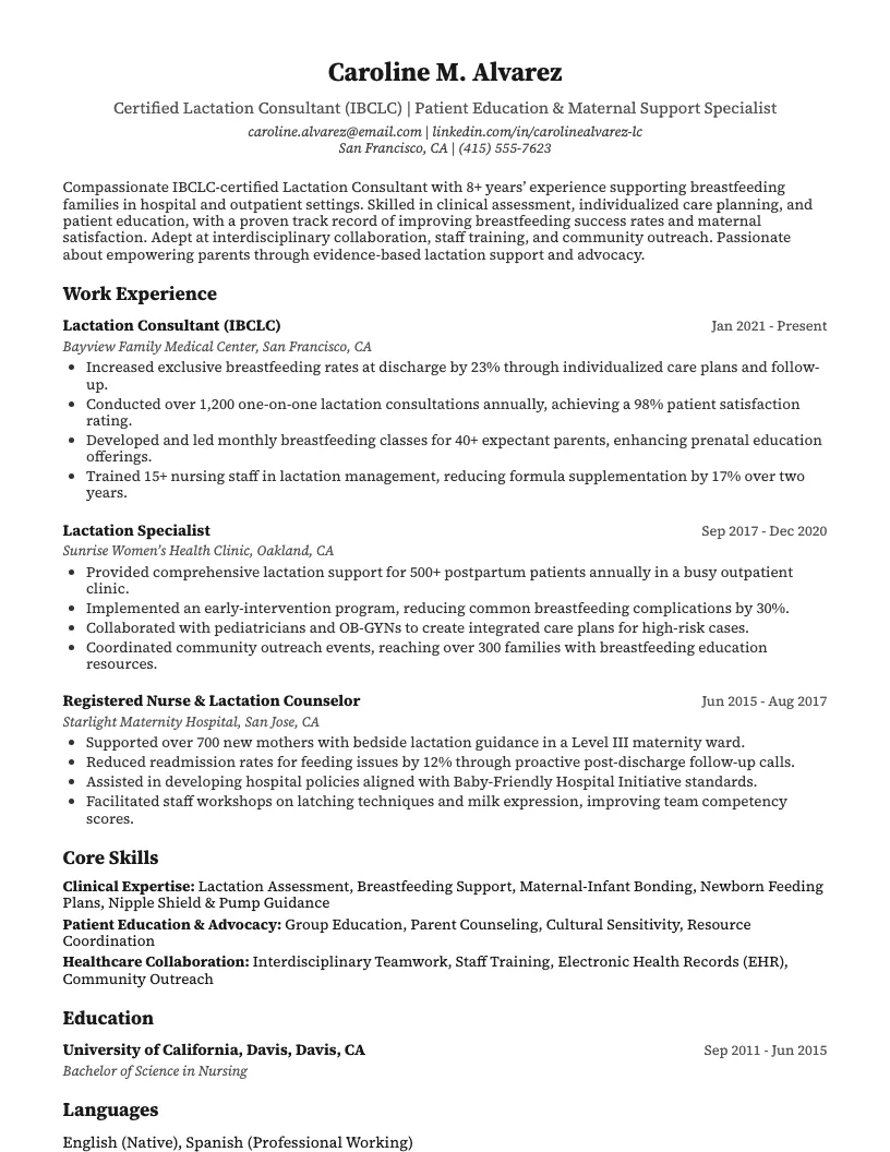 Lactation Consultant Resume Example