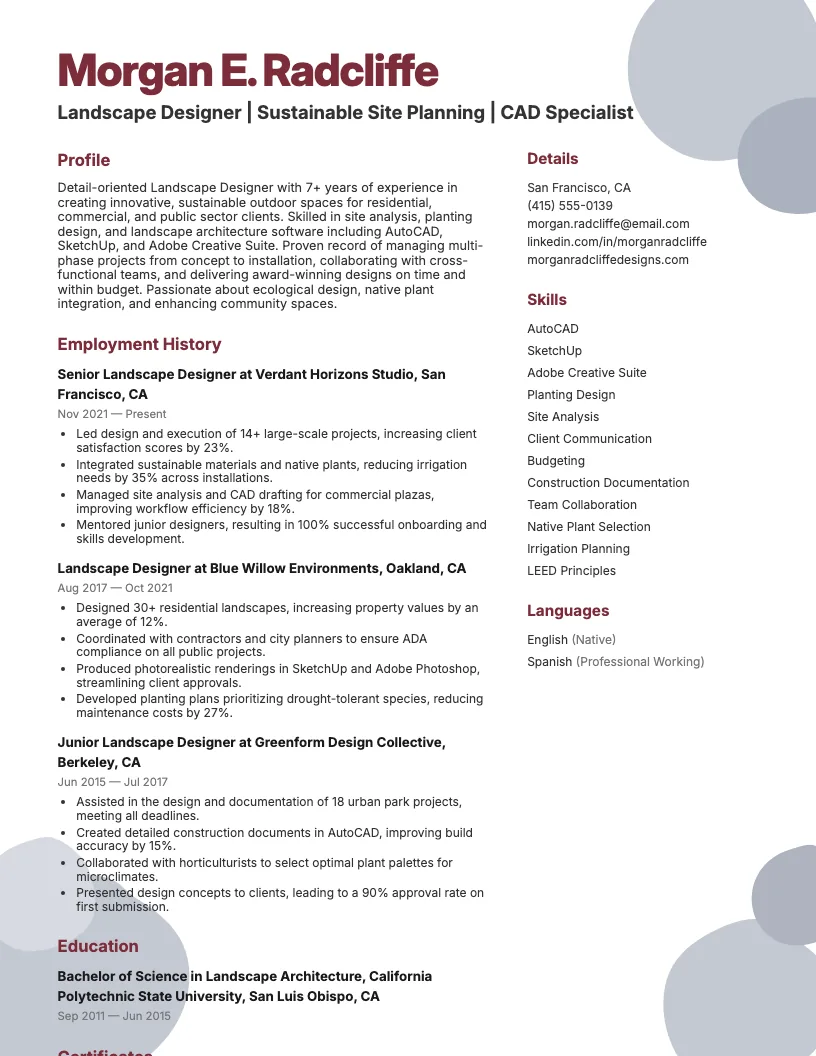 Landscape Designer Resume Example
