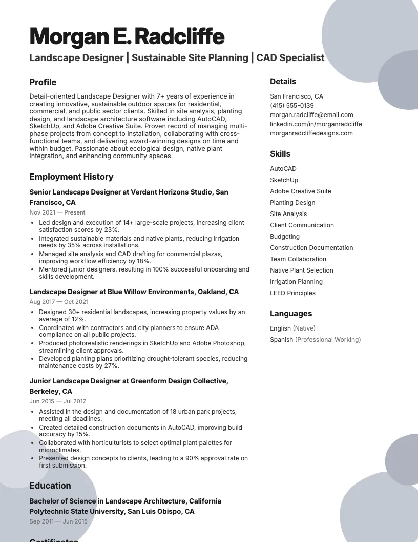 Landscape Designer Resume Example