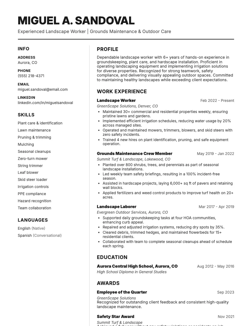 Landscape Worker Resume Example