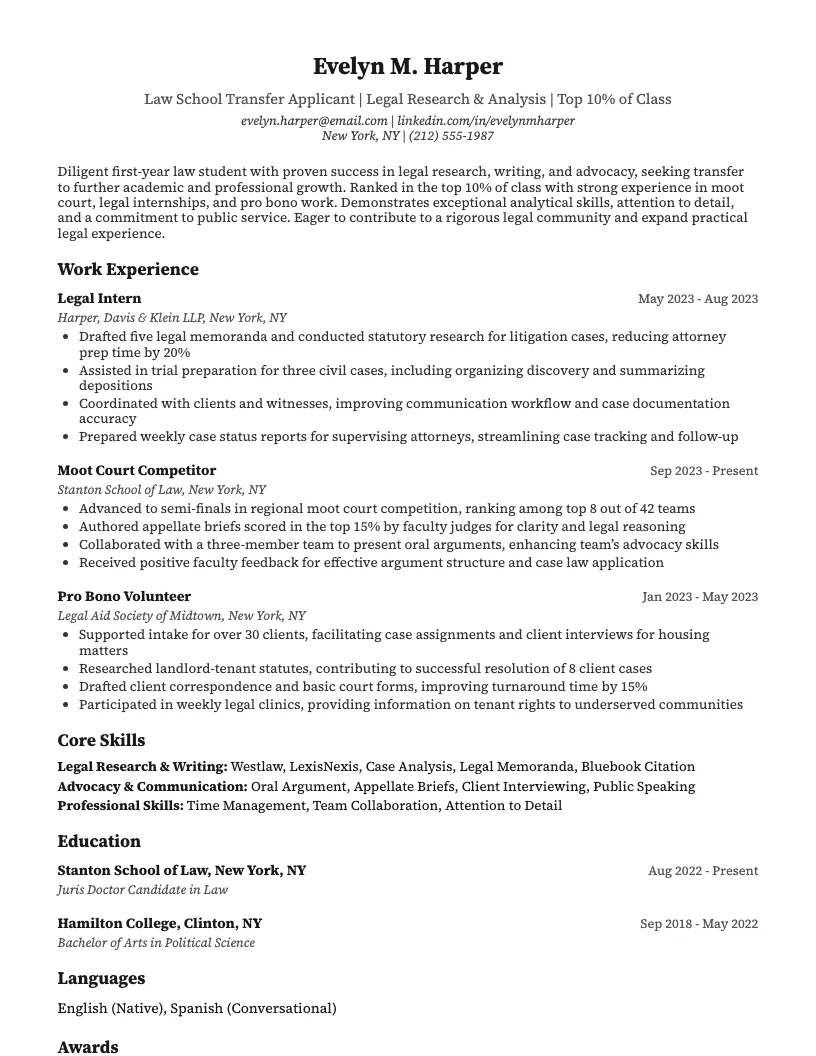 Law School Transfer Applicant Resume Example