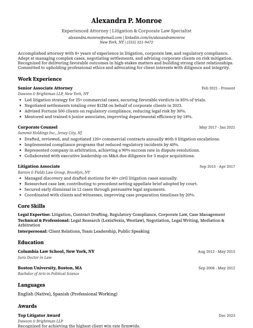 Law Resume Example