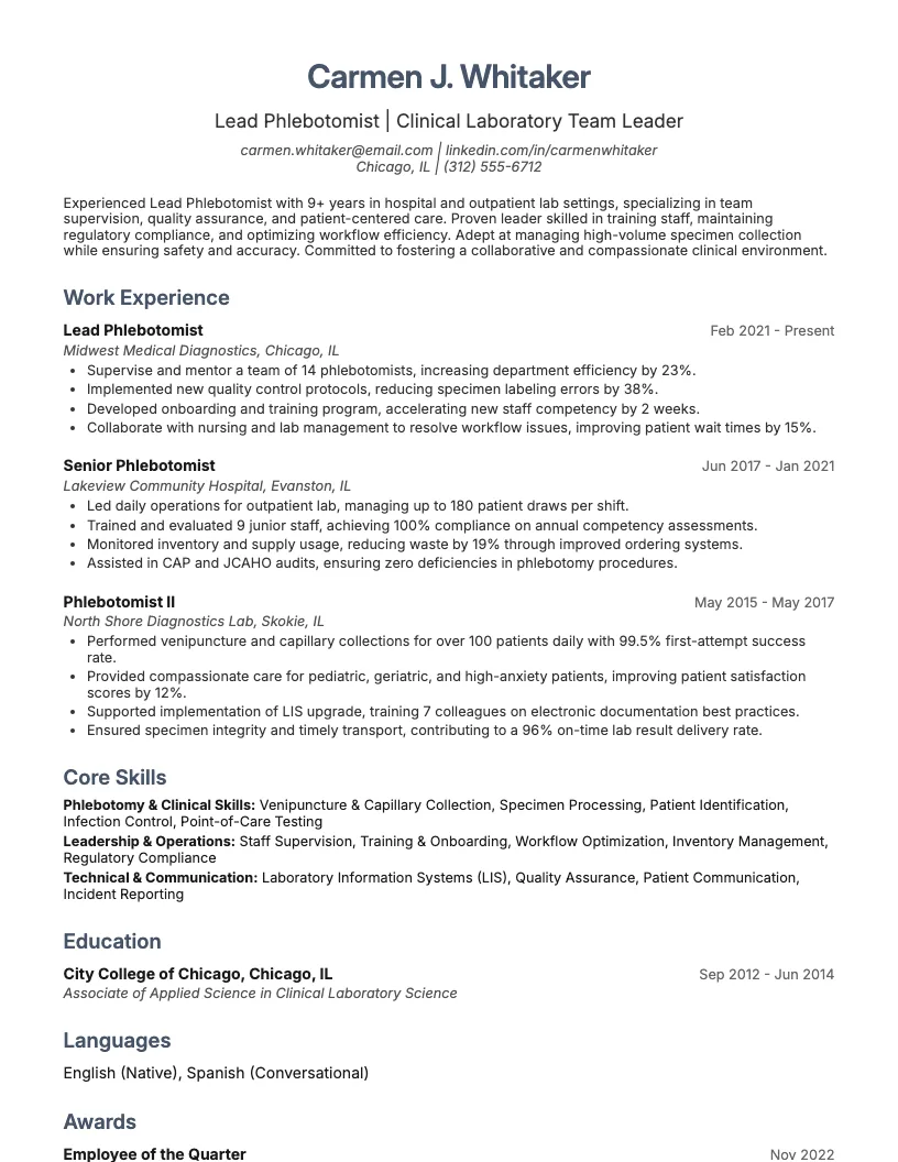 Lead Phlebotomist Resume Example