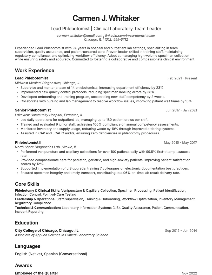 Lead Phlebotomist Resume Example