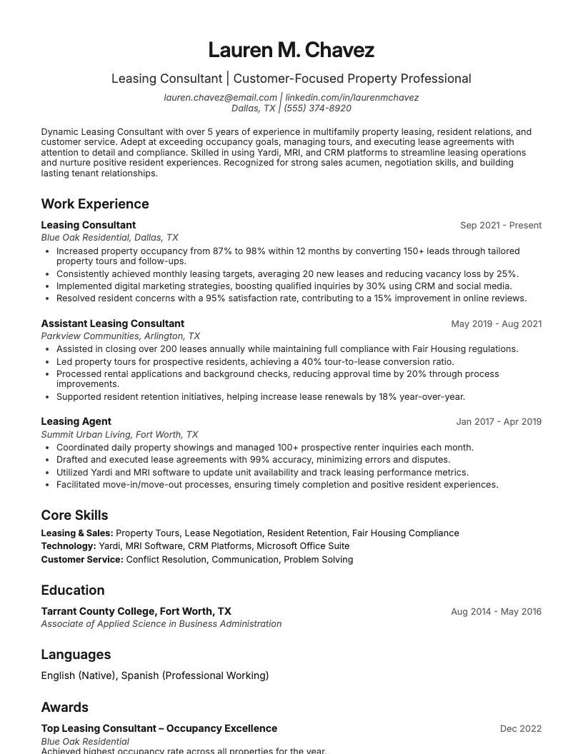 Leasing Consultant Resume Example