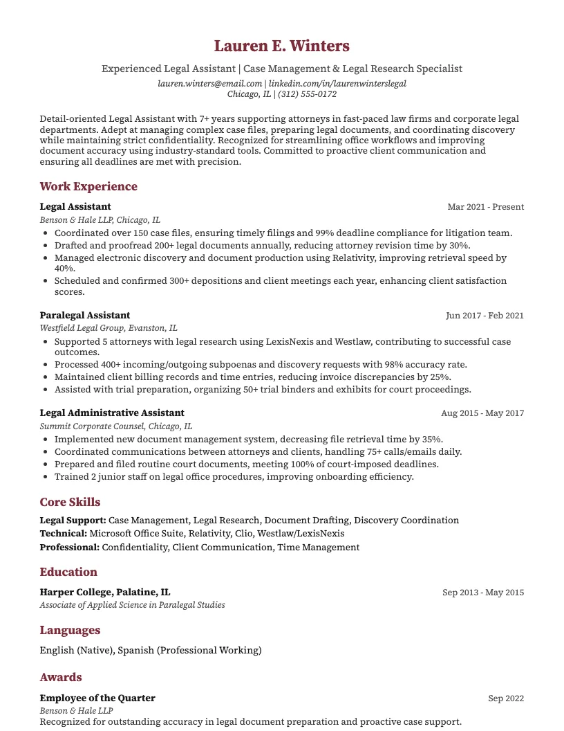 Litigation Legal Assistant Resume Example