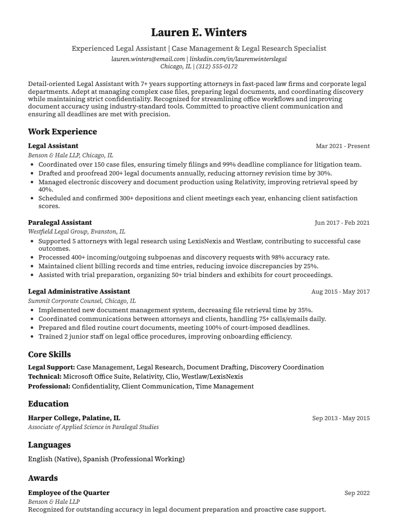 Legal Assistant Resume Example