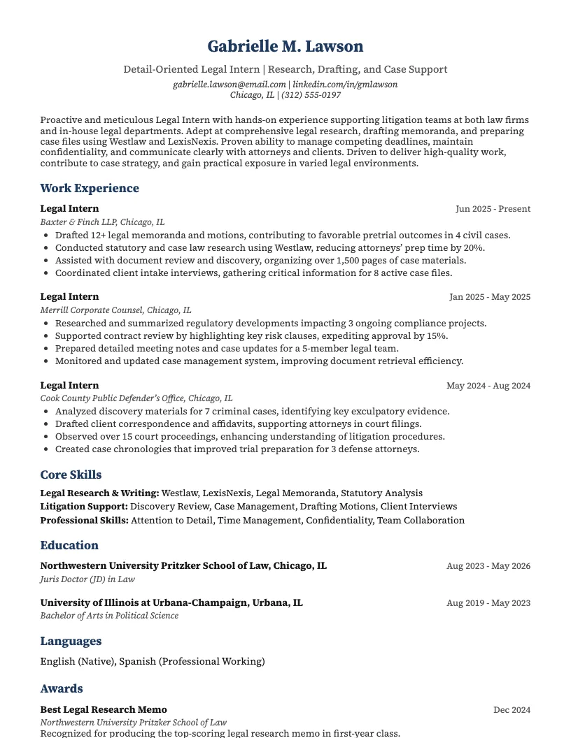 Legal Intern Resume Example