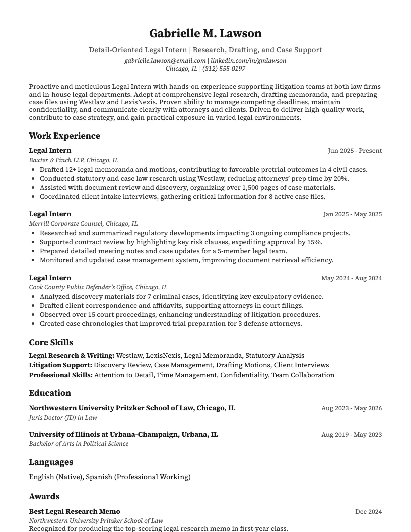 Legal Intern Resume Example
