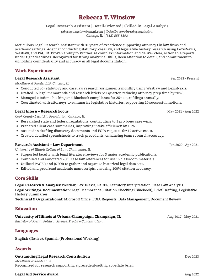 Legal Research Assistant Resume Example