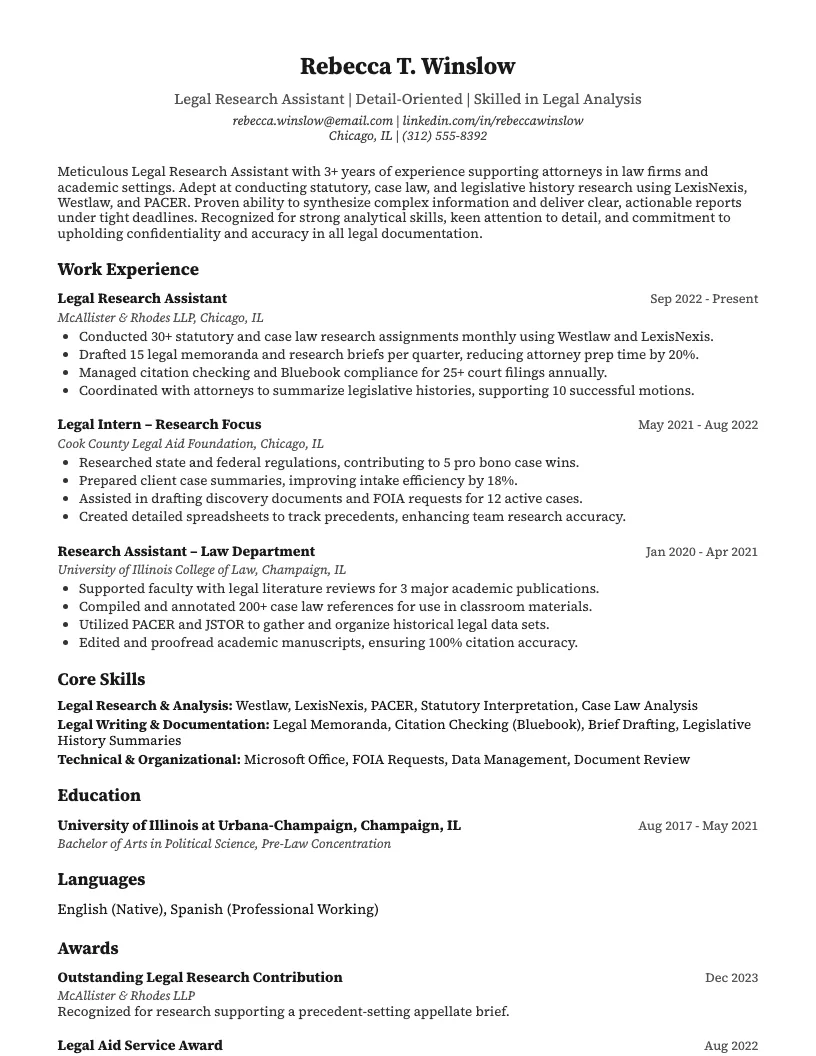 Legal Research Assistant Resume Example