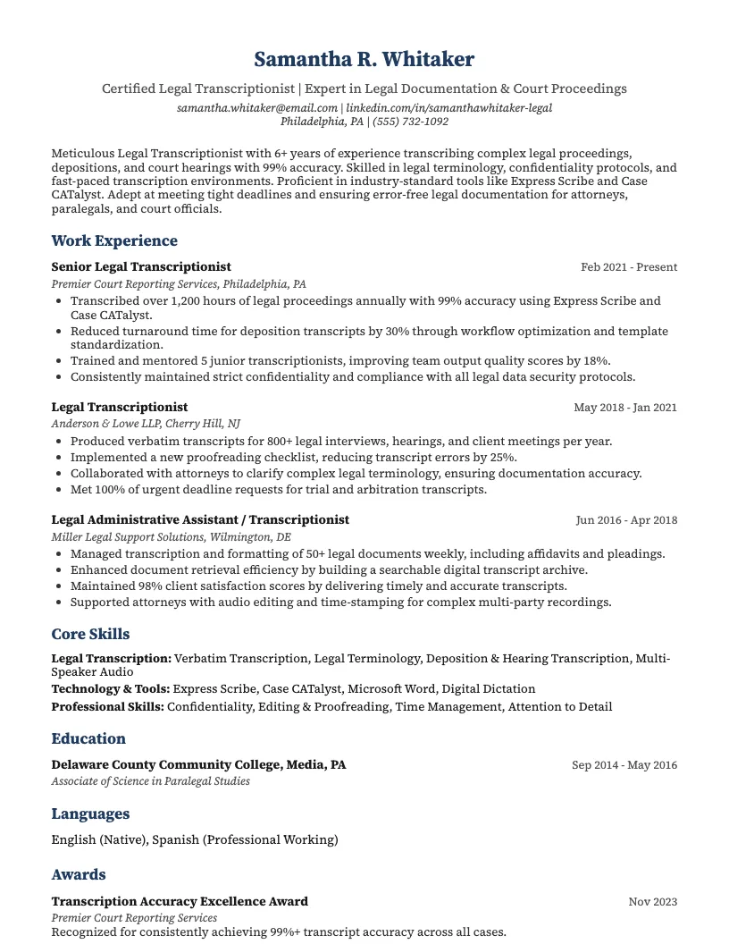 Legal Transcriptionist Resume Example