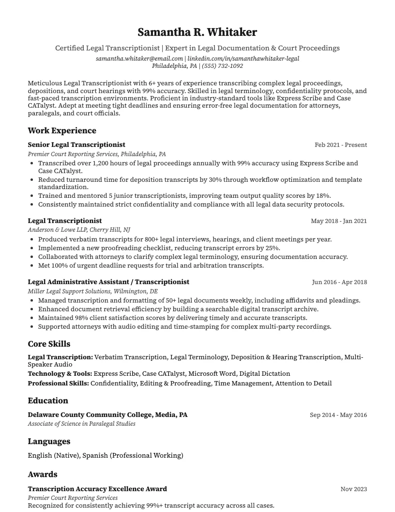 Legal Transcriptionist Resume Example
