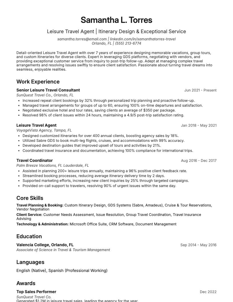 Leisure Travel Agent Resume Example