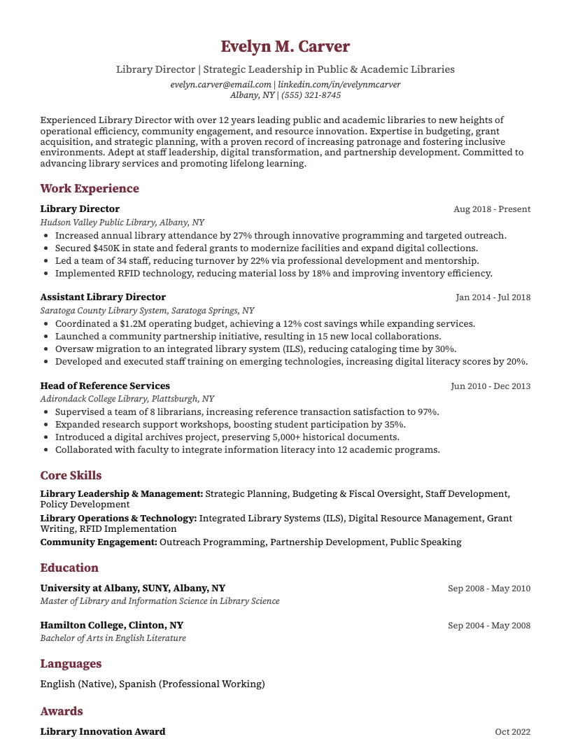 Library Director Resume Example