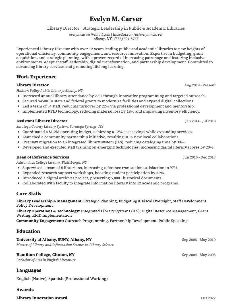 Library Director Resume Example