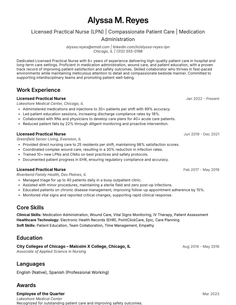 Licensed Practical Nurse Resume Example