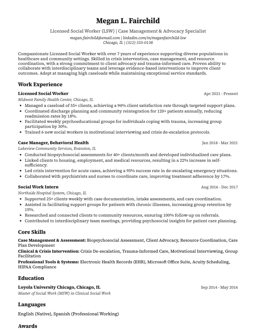 Licensed Social Worker Resume Example