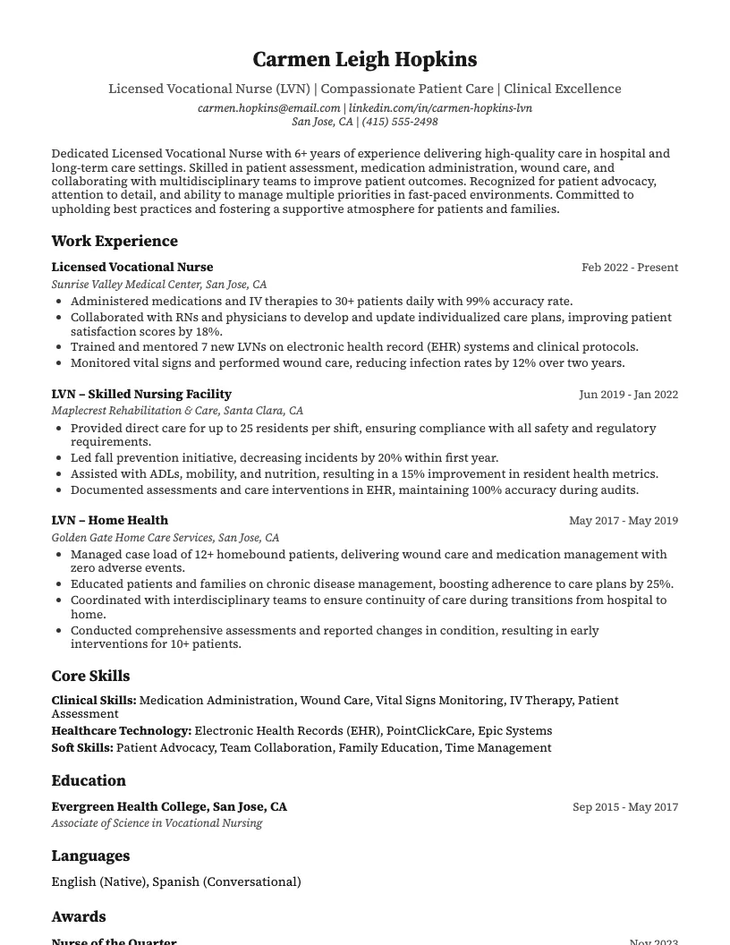 Licensed Vocational Nurse Lvn Resume Example