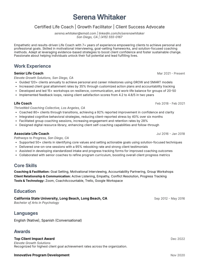 Life Coach Resume Example