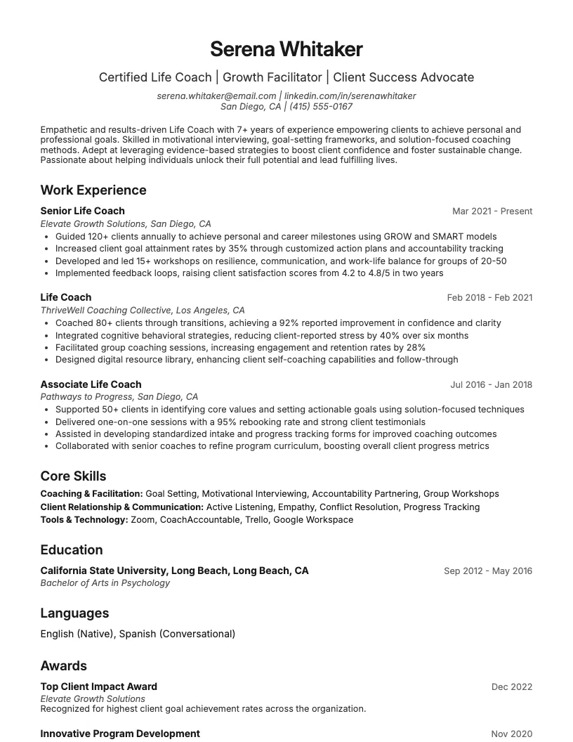 Life Coach Resume Example