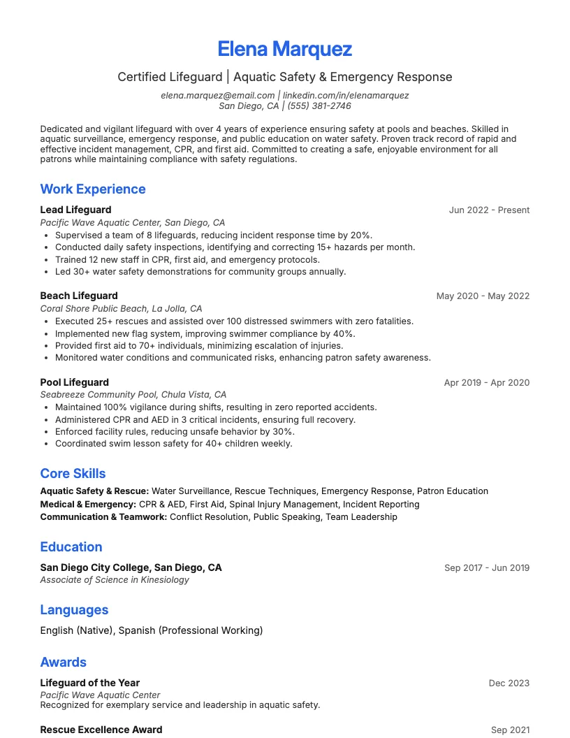 Waterpark Lifeguard Resume Example