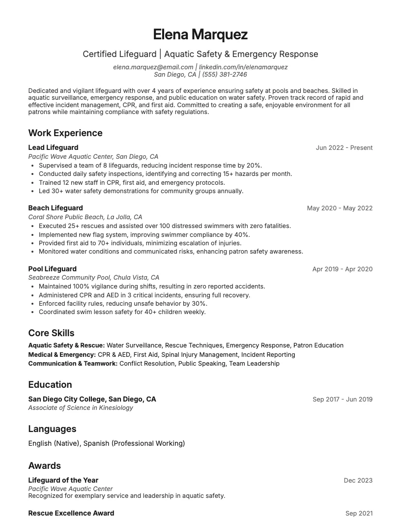 Lifeguard Resume Example