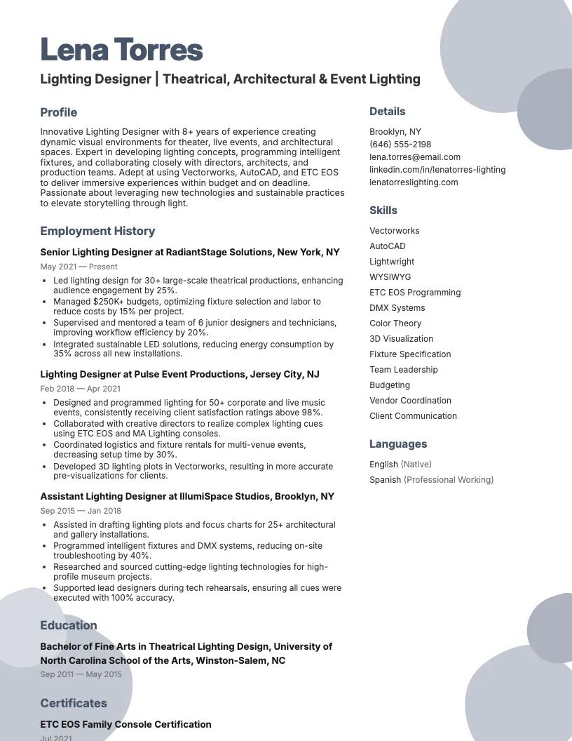 Lighting Designer Resume Example