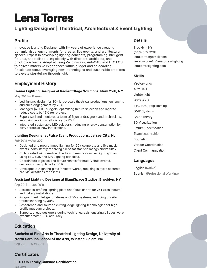 Lighting Designer Resume Example