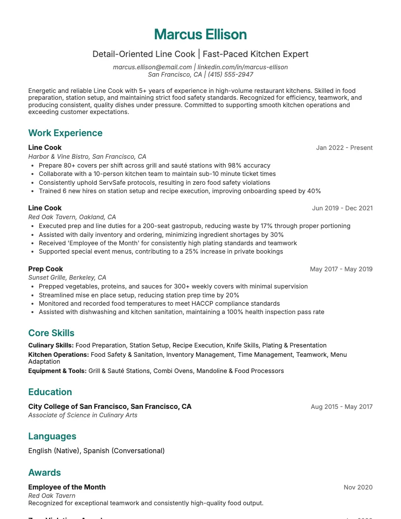 Line Cook Resume Example